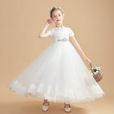 Tulle Short Sleeves Ivory Flower Girl Dresses With Beading