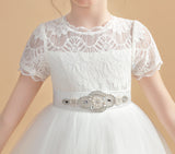 Tulle Short Sleeves Ivory Flower Girl Dresses With Beading