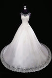 2024 A Line Wedding Dresses Scoop Tulle With Applique And Beads PYCTD35J