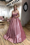 Unique A line Pink Sequins Spaghetti Straps Prom Dresses, Evening STK20450