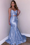 Glitter Spaghetti Straps V Neck Blue Mermaid V Neck Prom Dresses, Party STK15647