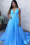 A Line Sky Blue Spaghetti Straps V Neck Tulle Prom Dresses, Cheap Evening Dresses STK15554