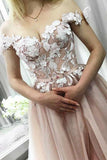 A Line Off the Shoulder Sweetheart Beads Tulle Pink Prom Dresses with Applique STK15007