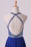 2024 A Line Prom Dresses Halter Beaded Bodice Open Back Sweep Train Chiffon & Tulle Dark Royal P9Z9GFLD