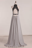 2024 Chiffon High Neck Open Back Prom Dresses Beaded Bodice PBTXJLRQ