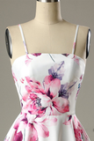 Short Pink Floral-Print Satin Homecoming Dress