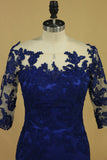 2024 Bateau Dark Royal Blue Mother Of The Bride Dresses 3/4 Length Sleeve With Applique Satin Dark Royal PRJDQM4H