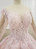 Elegant Ball Gown Pink Long Sleeves Appliques Prom Dresses, Quinceanera STK20482