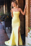 Sexy Yellow Satin Strapless Mermaid Prom Dresses, Sleeveless Evening Dresses with Split STK15372