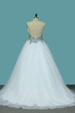 2024 A Line Spaghetti Straps Wedding Dresses Tulle With Beads PBFGXH5D