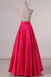 2024 A Line Scoop Beaded Bodice Open Back Satin Floor Length Prom P5K8X8NC