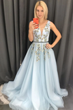 Tulle V Neck Long Prom Dress A Line Sleeveless Appliques Evening STKP11L3GR6