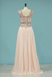 2024 Chiffon Scoop Beaded Bodice Prom Dresses A Line P49TEHDL