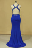 2024 Dark Royal Blue Open Back Prom Dresses Scoop Spandex With Beading And Slit Sweep P5EAAH5K