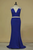 2024 Mermaid V Neck With Beading Prom Dresses Elastic Satin Sweep PZPPZ9NA