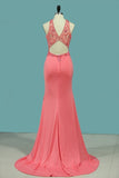 2024 Mermaid Scoop Prom Dresses Spandex With Beading Sweep PFNJ8KQN