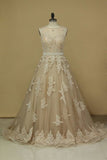 2024 Chapel Train Wedding Dresses Bateau Tulle With Applique And Sash A PKG4H3RE