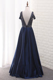 2024 A Line Satin V Neck Beaded Bodice Prom Dress Open Back P6ENEXH3