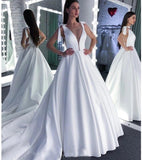 A Line Round Neck White Prom Dresses Bowknot Satin Wedding Dresses STK15022