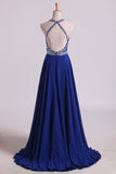 2024 A Line Prom Dresses Halter Beaded Bodice Open Back Sweep Train Chiffon & PNY91XXH