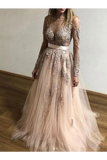 Sheer Round Neck Appliques Long Sleeves Tulle Prom Party STKP3AF4A68