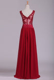 2024 Burgundy V-Neck Prom Dresses A Line Chiffon With PKBE6KP2