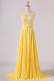 2024 A Line Scoop Cap Sleeves With Applique Prom Dresses Chiffon Floor PBGYRLSA