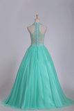 2024 Mint Ball Gown High Neck Beaded Bodice Prom Dresses Tulle Floor PN7RDZ67