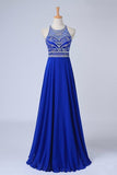 2024 Halter A-Line/Princess Dark Royal Blue Prom Dresses Tulle And Chiffon Sweep P348MBJB