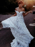 A Line Sweetheart Off the Shoulder Tulle Ivory Long Wedding Dresses with Appliques STK15557