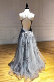 A Line Spaghetti Straps Lace Silver Long Prom Dresses with Applique Open Back Party Dresses STK15027