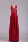 2024 V Neck Prom Dresses A Line Chiffon With Applique And Beads Open Back PGMYP5TH