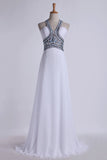 2024 Halter Prom Dresses A-Line Pick Up Long Chiffon Skirt Ruffled With Crystal PB5R89GR