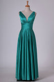 2024 Evening Dresses A Line V Neck Open Back With Ruffles Floor Length PADX1GEC