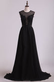 2024 A Line Prom Dresses Scoop Chiffon With Applique And Slit Sweep PZATYR4R