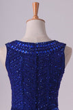 2024 Dark Royal Blue Prom Dresses Scoop A Line Chiffon With Beading Floor P6ZBETQN