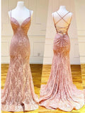 Mermaid Spaghetti Straps Pink Lace V Neck Beads Prom Dresses with STK20426