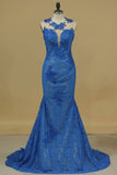 2024 Mermaid Scoop Open Back Prom Dresses With Beads And Applique PBX8TJA5