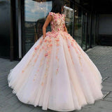 Princess Ball Gown Pink Tulle Prom Dresses with Handmade Flowers, Quinceanera STK15658