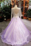 2024 A-Line Tulle Prom Dresses Lace Up With Bling Bling Beaded Bodice Full Sleeves PK1FZFTS