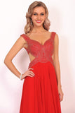 2024 Chiffon Straps Beaded Bodice A Line Open Back Sweep Train P96K35RT