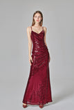 Spaghetti Straps Burgundy Prom Dresses Mermaid Sequins Party Dresses, Dance Dresses STK15412