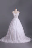 2024 Chapel Train Wedding Dresses Bateau Tulle With Applique And Sash A PKG4H3RE