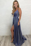 Unique High Slit Deep V Neck Sparkly Halter Prom Dresses Spaghetti Straps Formal Dresses STK15458