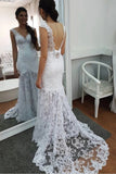 Elegant Mermaid Lace Applique V Neck Wedding Dresses Backless Wedding Gowns STK15180