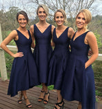 A Line V Neck Satin High Low Short Bridesmaid Dresses, Prom Dresses SRS15043