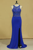 2024 Dark Royal Blue Open Back Prom Dresses Scoop Spandex With Beading And Slit Sweep P5EAAH5K