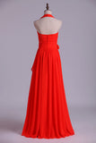 2024 Halter A-Line Bridesmaid Dresses Floor Length With Long Chiffon PHL64EBF