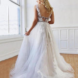 A Line Deep V-Neck Backless White Tulle Prom Dress With Appliques, Evening Dresses STK14997