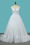 2024 A Line Tulle Wedding Dresses Scoop Cap Sleeves With Applique P6EKKRAJ